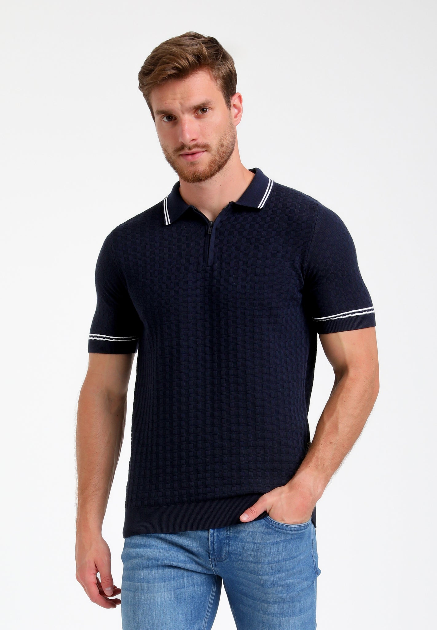 Knitted Polo with zipper | Navy